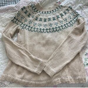 Handknit cream, white, and teal Sweater